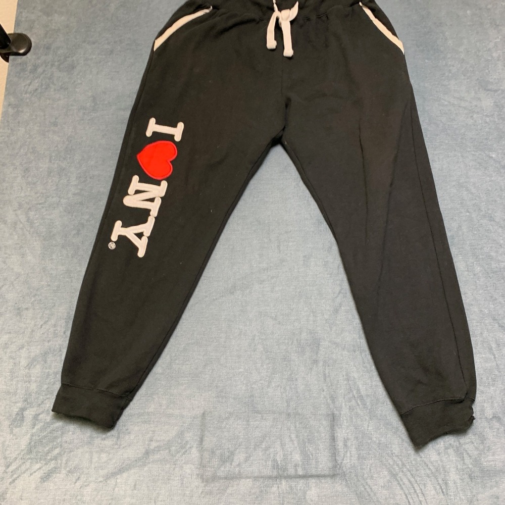 I Love Ny Sweatpants Mens Large Black Fleece Lined Tapered Leg Drawstring Waist